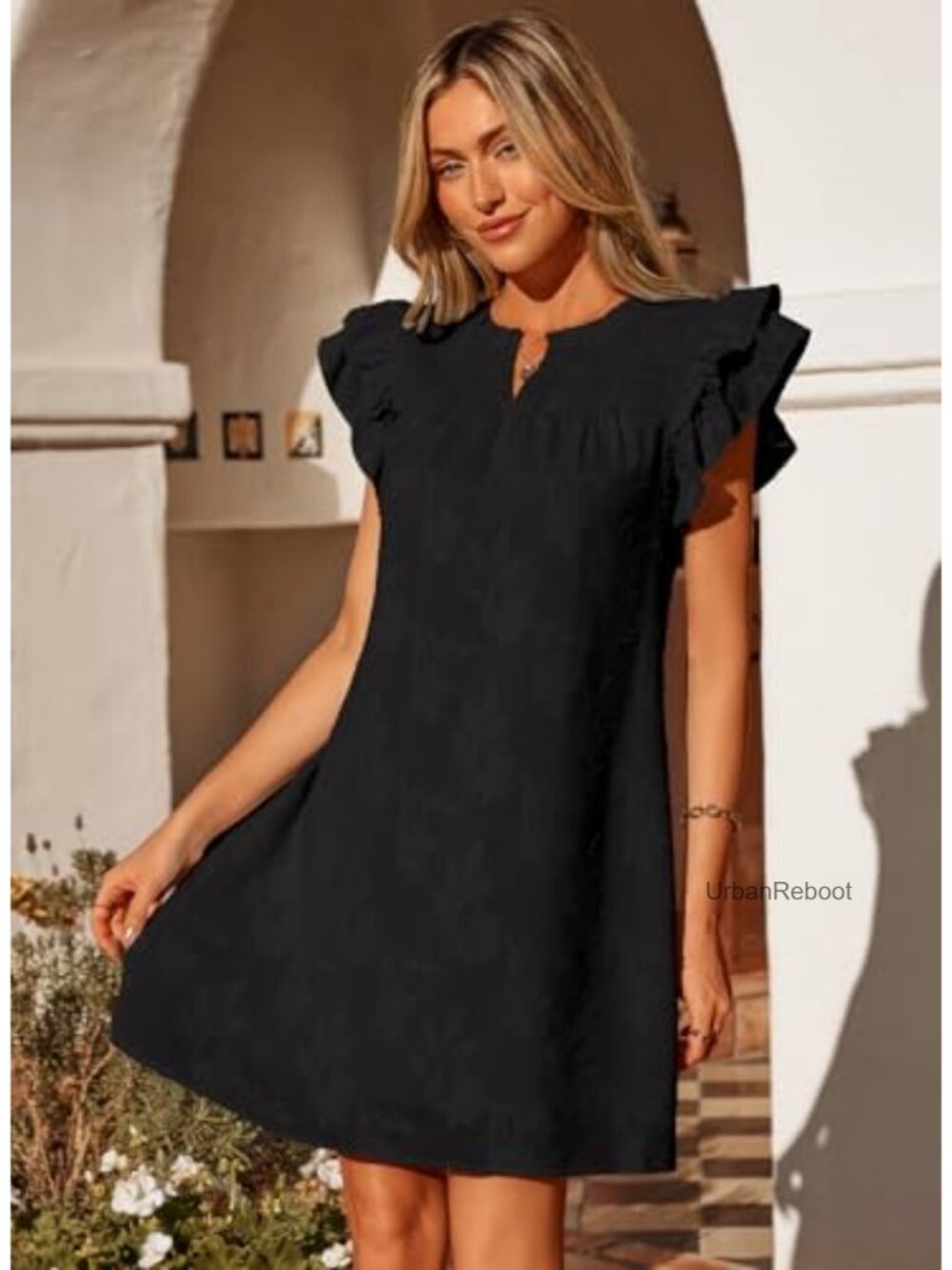 Ruffle Short Sleeve V-Neck Smocked Floral Burnout Mini Sundress - Picture 2 of 6